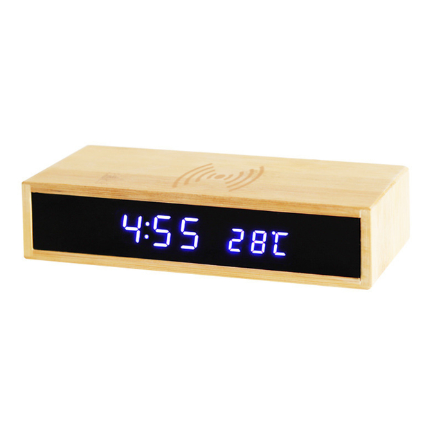 Bamboo LED Smart Alarm Clock Time Temperature Display Wireless Charger 