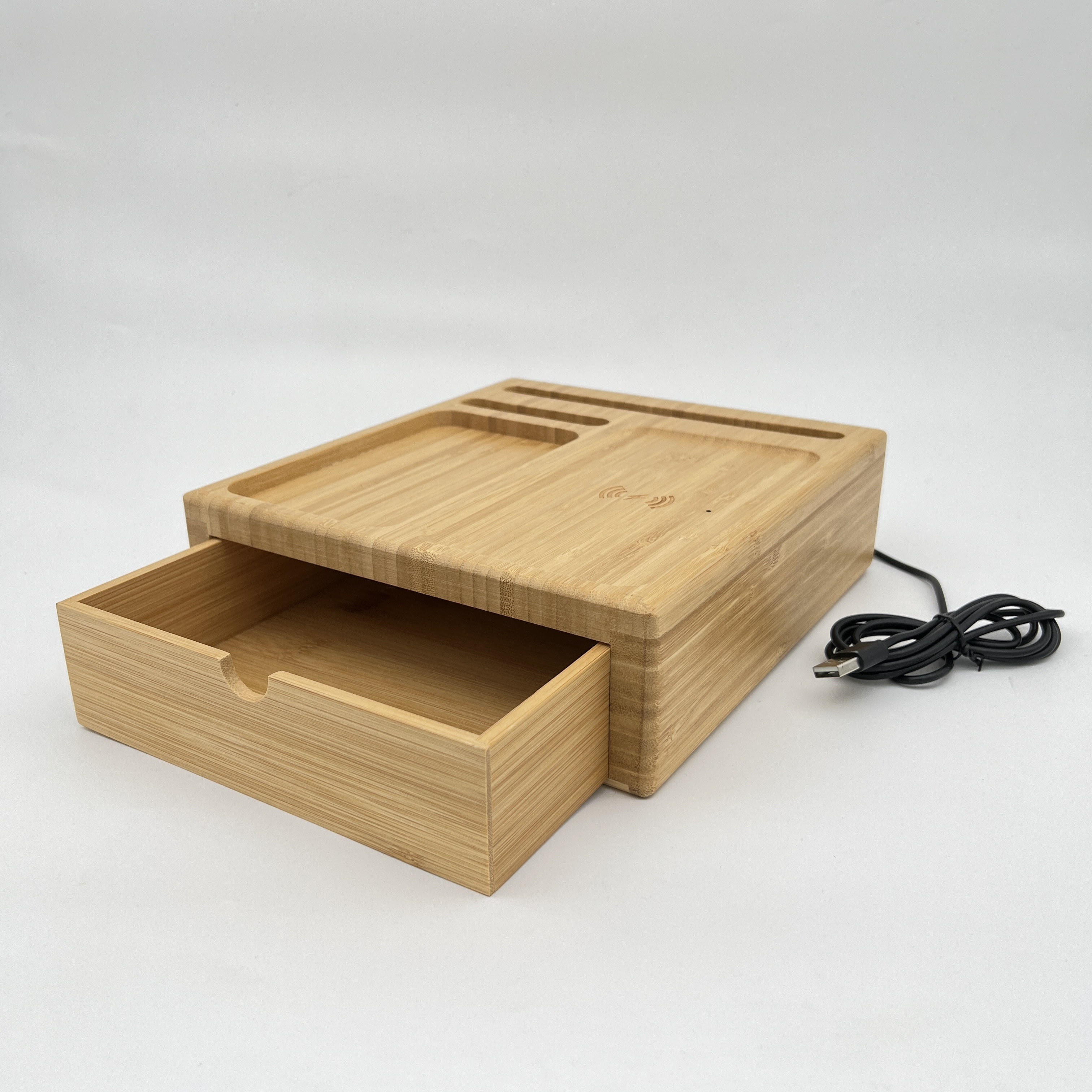 10W Wooden Bamboo Wireless Charger With Desk Organizer for BedRoom 