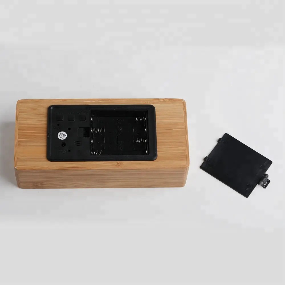 Bamboo Material LED Display Alarm Clock With Wireless Charger 