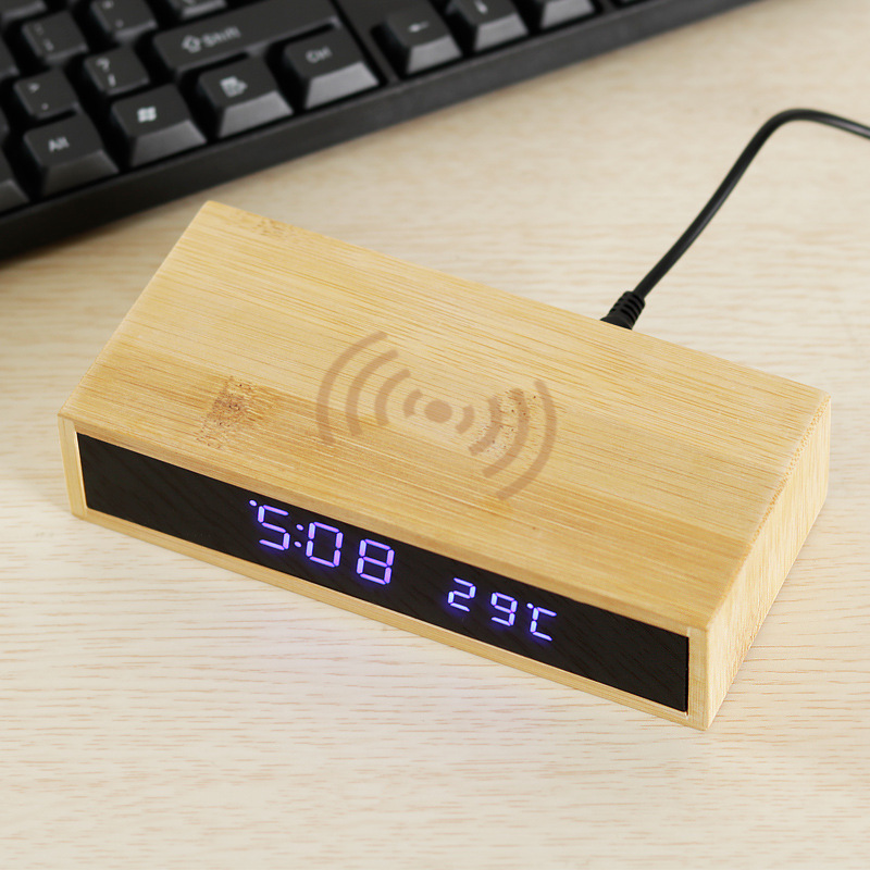 Bamboo LED Smart Alarm Clock Time Temperature Display Wireless Charger 