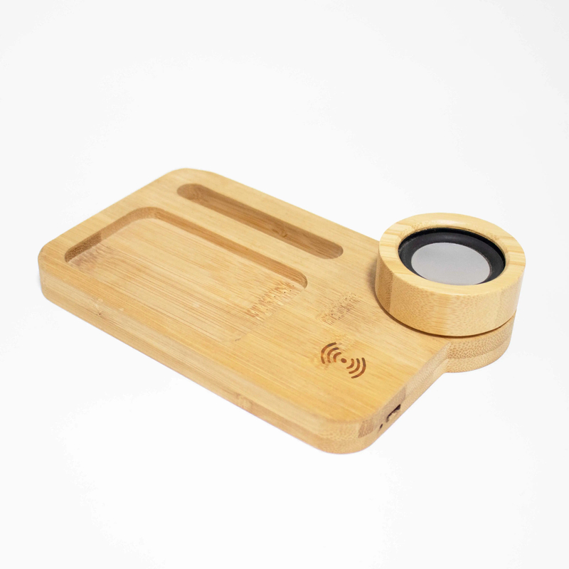 Natural Bamboo Organizer Office Wireless Charger With Speaker Phone Holder