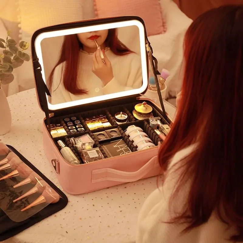 Professional Train Case Cosmetics Organizer Makeup Bag with LED Mirror