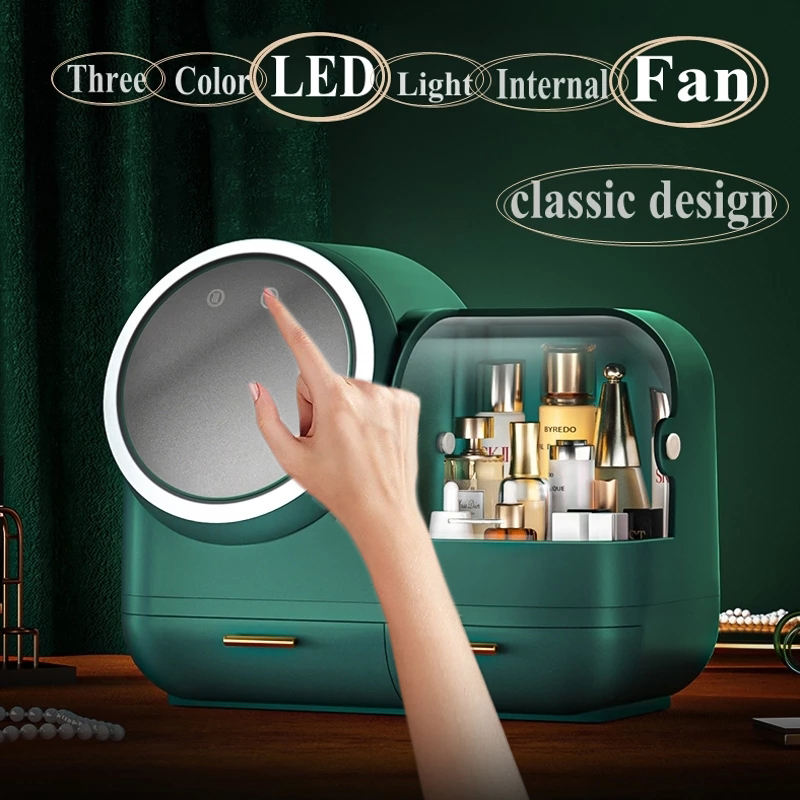 Portable Makeup Organizer with Mirror and LED Light Fan