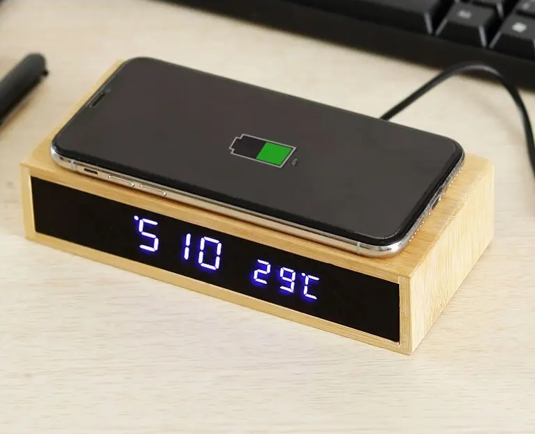 Bamboo LED Smart Alarm Clock Time Temperature Display Wireless Charger 