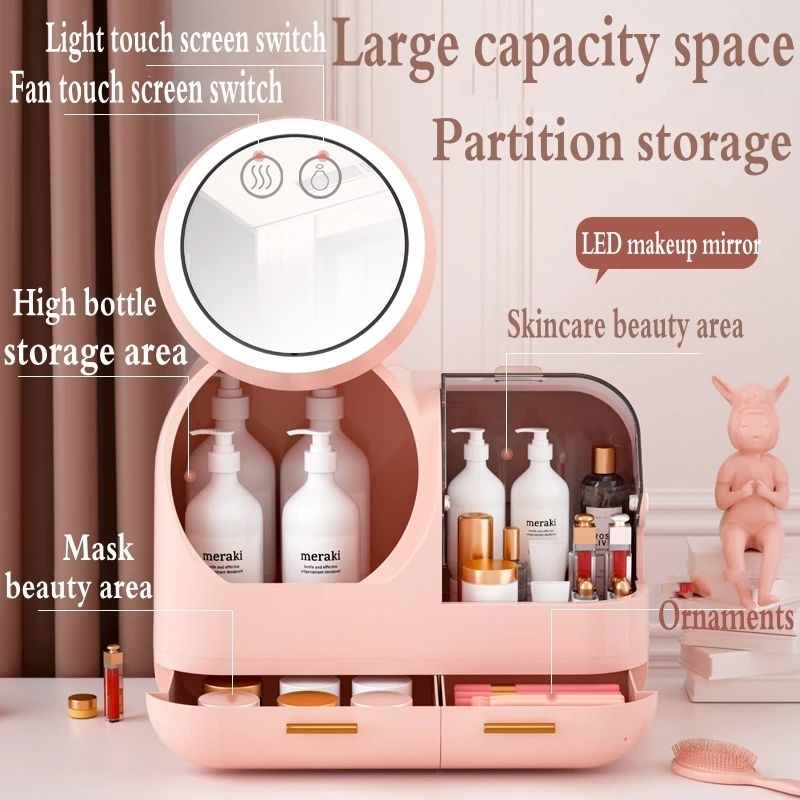 Portable Makeup Organizer with Mirror and LED Light Fan