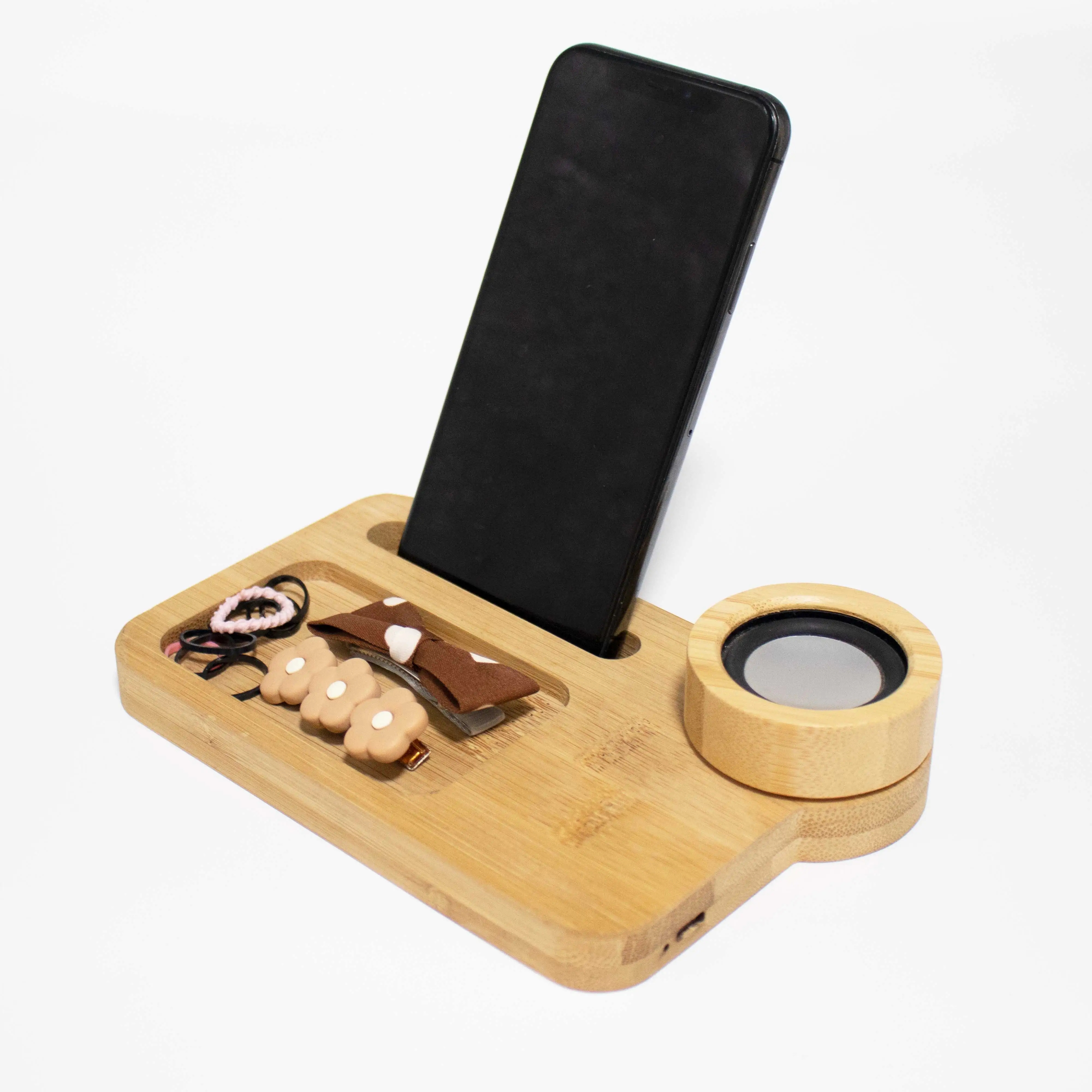 Natural Bamboo Organizer Office Wireless Charger With Speaker Phone Holder