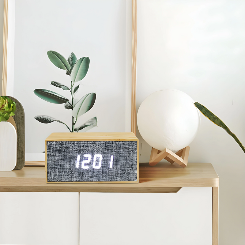 LED Digital Temperature Wooden Alarm Clock with Wireless Charger