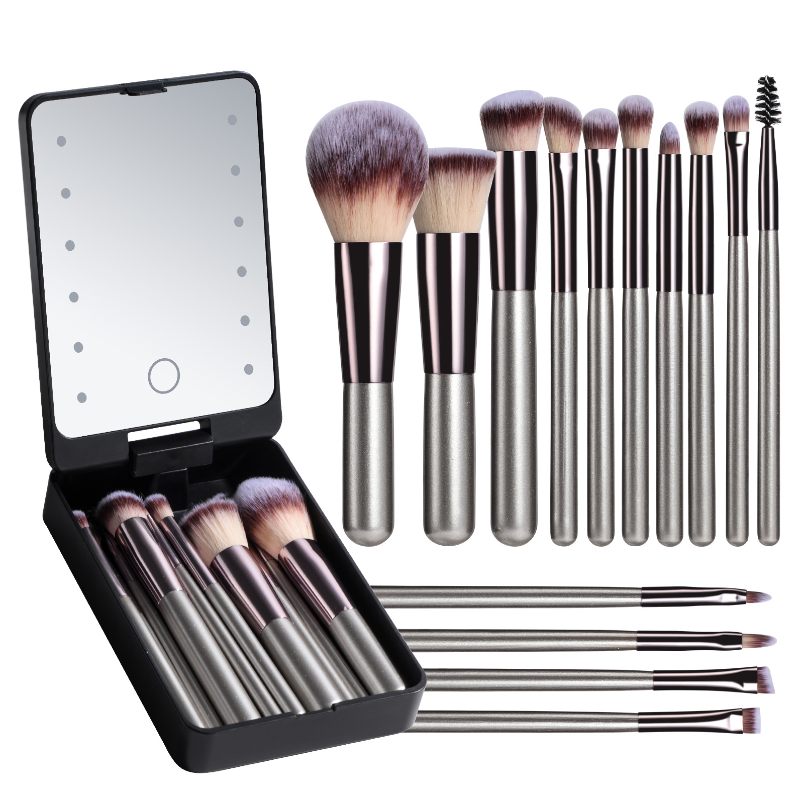 Portable Short 14pcs Makeup Brushes Set with Rechargeable Mirror 