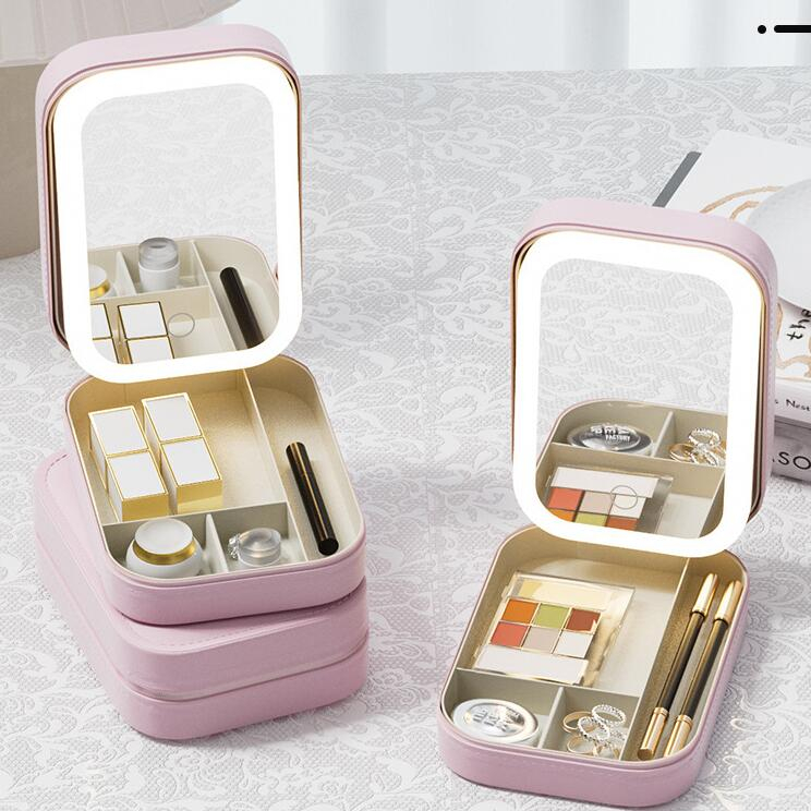 Travel Integrated Makeup Storage Box With Light-Filling Mirror