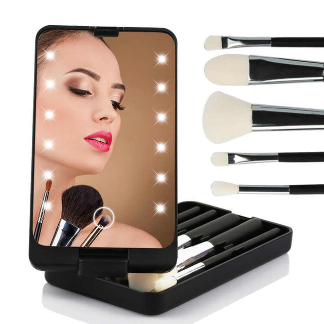 Travel Makeup Foundation Powder Eye Shadows Brush Set With Led Light Mirror