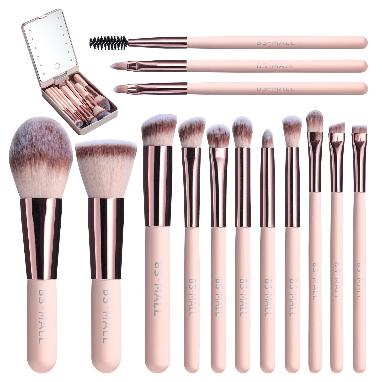 Portable Short 14pcs Makeup Brushes Set with Rechargeable Mirror 