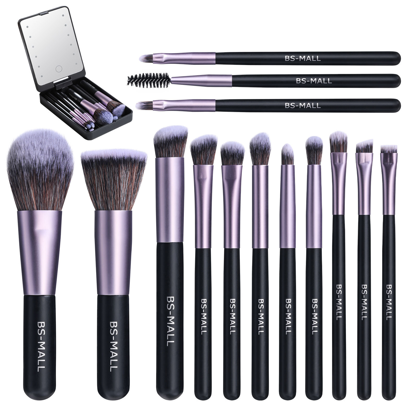 Portable Short 14pcs Makeup Brushes Set with Rechargeable Mirror 