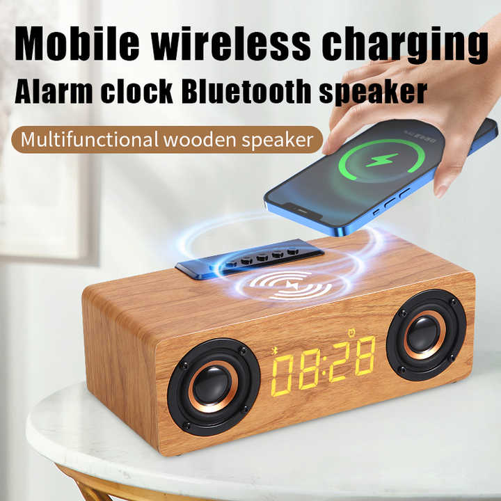 3 In 1 Wooden Wireless Charging Bluetooth Speaker With Alarm Clock