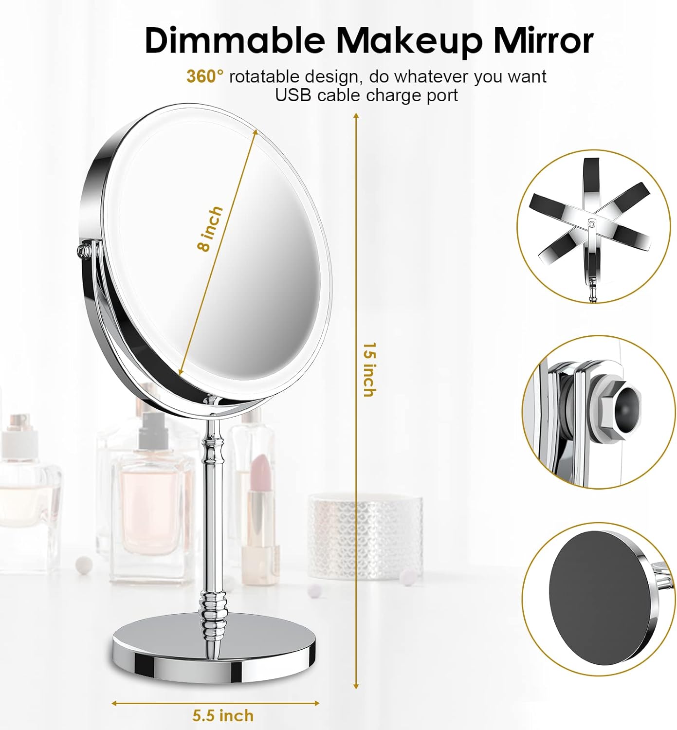 8 inch Double Sided 10X Magnifying LED Makeup Mirror 