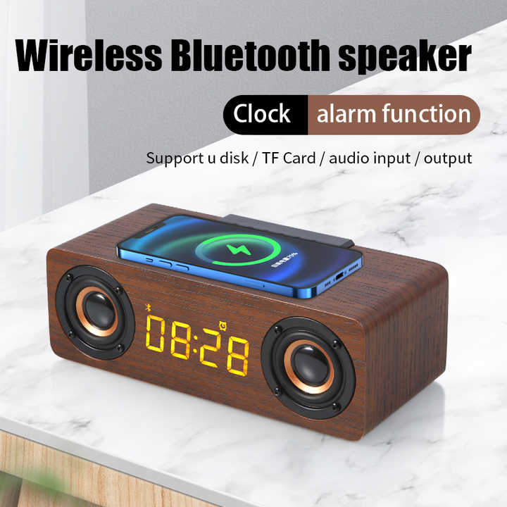 3 In 1 Wooden Wireless Charging Bluetooth Speaker With Alarm Clock